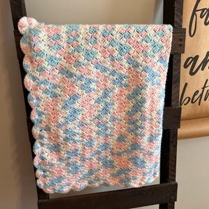 Handmade Pastel Pink Blue and Cream Crochet Baby Blanket / Throw